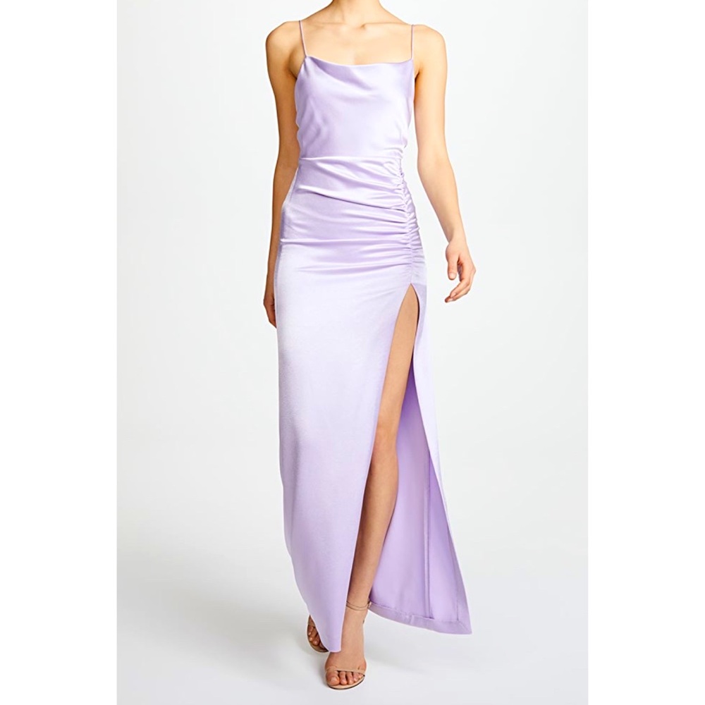Alice + Olivia Lilac Diana Cowl Neck Ruched Slit Gown - 2